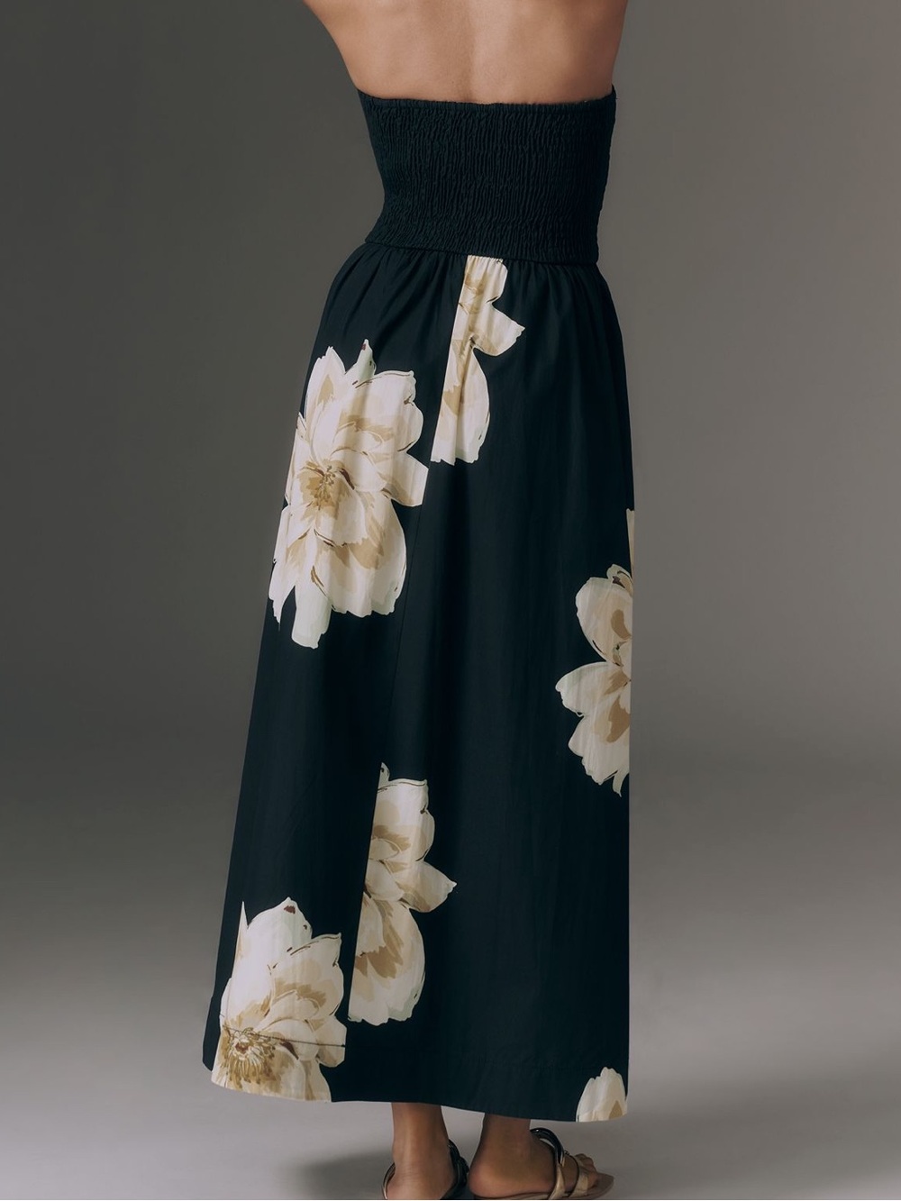 Anthropologie Maeve Strapless Smocked Maxi Dress Pockets Black Floral size large - Picture 3 of 12